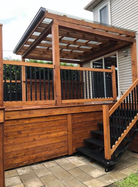 Partial Covered Deck Ideas, Tiered Deck Ideas, Back Porch Deck Ideas, Trailer House Exterior, Two Tier Deck Ideas, 2 Tier Deck Ideas, Deck For Mobile Home, Outdoor Kitchen Deck, Mobile Home Ideas