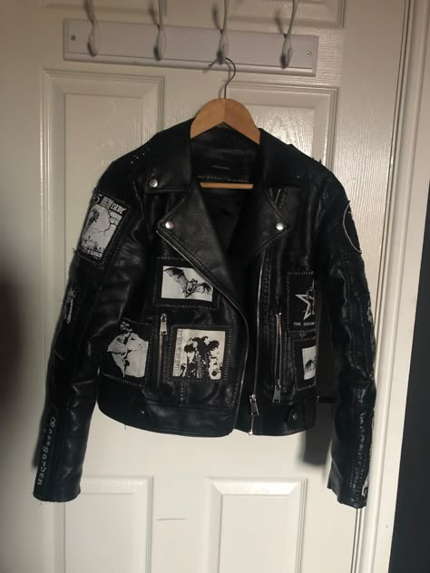 Punk Leather Jacket Diy, Leather Jacket With Patches, Patch Leather Jacket, Goth Leather Jacket, Goth Battle Jacket, Metalhead Battle Jacket, Black Punk Biker Jacket With Graphic Print, Leather Jacket Patches, Crust Punk Leather Jacket