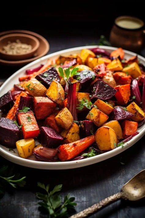 Oven Roasted Root Vegetables - BeCentsational Honey Roasted Vegetables Oven, Roasted Veggies Thanksgiving, Veggies Christmas, Chicken With Root Vegetables, Oven Roasted Root Vegetables, Meatless Food, Honey Fried Chicken, Roasted Fall Vegetables, Root Vegetables Recipes