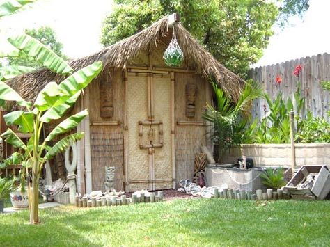 Tiki storage shed Tropical Shed Ideas, Tiki Shed, Tiki Playhouse, Tiki Treehouse, Tiki Hut Backyard, Pirate Garden, Tiki Backyard, Tiki House, Tiki Garden