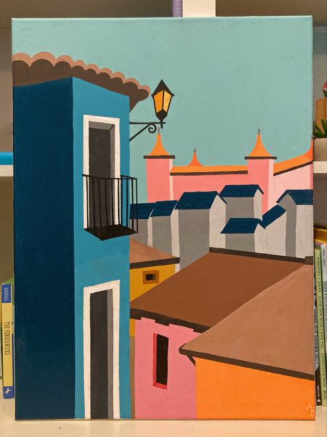 Painting aesthetic canvas Europe Spain pink orange blue teal Easy Building Painting, Painting Ideas On Canvas Buildings, Spain Painting Easy, Painting Ideas On Canvas Aesthetic Vintage Easy, 70s Canvas Painting, Boho Art Painting Canvases, Rectangle Painting Ideas, Painting Ideas Retro, Aesthetic Boho Painting