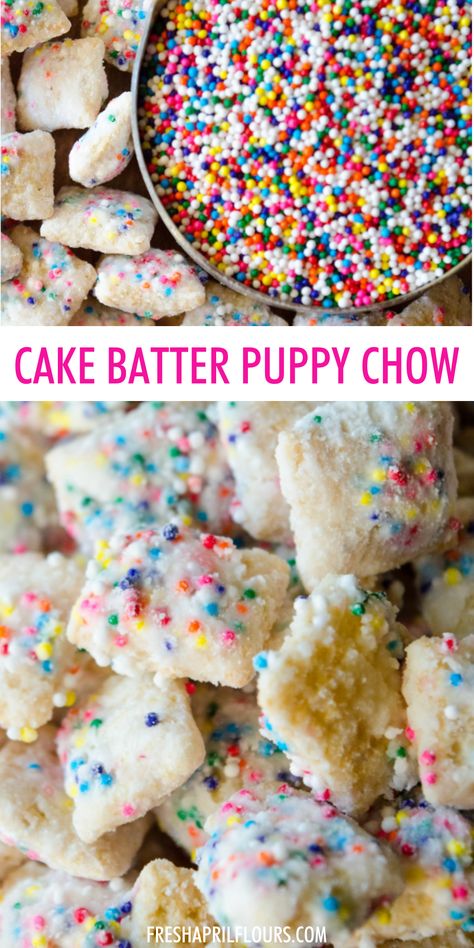 Call it funfetti puppy chow, call it birthday cake puppy chow-- this is the crunchy, cake-battery take on the classic Puppy Chow you want for your next celebration! | cake batter puppy chow funfetti | cake batter puppy chow recipe | puppy chow with cake batter | puppy chow chex mix recipe cake batter | funfetti puppy chow cake batter | funfetti puppy chow recipe | easy funfetti puppy chow | funfetti cake puppy chow Paw Patrol Puppy Chow, Muddy Buddy Chex Mix Recipes, Chex Party Mix Recipe Holidays, Reindeer Puppy Chow, Puppy Chow Rice Krispie Treats, Apple Pie Puppy Chow, Maple Puppy Chow, Birthday Chex Mix Recipes, Dessert Chex Mix Recipes