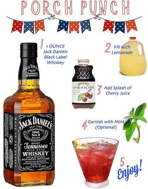 Porch Punch, Jack Daniels Lemonade, Bourbon Lemonade, Jack Daniels Drinks, Summertime Cocktail, Bourbon Drinks, Liquor Drinks, Boozy Drinks, Whiskey Drinks