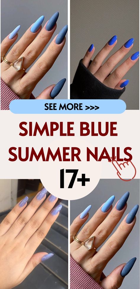 Immerse in the tranquility of summer with our serene blue nails. The calming shade offers a peaceful vibe, ideal for unwinding in the warm months. Let our skilled nail artists apply the blue polish expertly for a flawless and tranquil finish. Whether you're at a spa or seeking daily calm, these simple blue nails will help you embody the peaceful essence of summer. Best Blue Nail Polish Shades, Blue Nails Summer 2024, Blue Shades Nails, Blue Nail Designs Simple, Steel Blue Nails, Blue Nails Art Designs, Simple Blue Nail Designs, Different Shades Of Blue Nails, 2 Color Nail Ideas