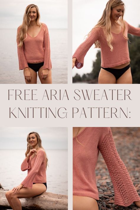 Check out this free intermediate level sweater knitting pattern for a warm weather pullover. The Aria Sweater knitting pattern is the perfect warm weather pullover sweater. Airy lace stitches, a relaxed silhouette, and visible shoulder seams combine together to create a sweater that is effortlessly fashionable. Both fun to knit and wear, the Aria Sweater is ready to become your next project! #howtoknit #sweaterknittingpattern #knittingtips Knitting Sleeves Pattern, Knitting Top Patterns Free, Summer Sweater Knitting Patterns Free, Knit Shirt Pattern Free, Summer Pullover Knitting Pattern, Lace Sweater Knitting Pattern, Off Shoulder Knitting Pattern, Knit Long Sleeve Tops Pattern, Off Shoulder Sweater Knitting Pattern