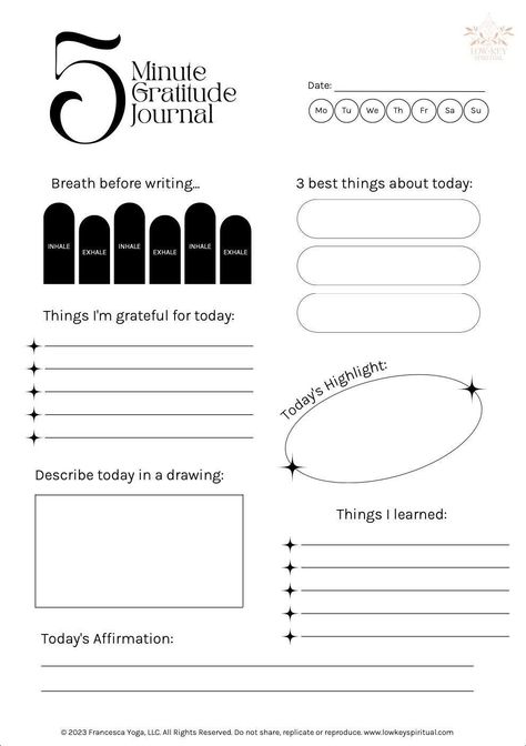 the five minute journal for kids is shown in black and white, with text that reads 5 5 Minute Journal Template, 5 Min Journal, Gratitude Template, 5 Minutes Journal, Canva Journal, Free Weekly Planner Templates, Daily Planner Journal, Gratitude Journal Printable, Weekly Planner Free