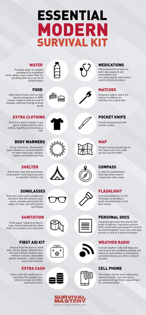 Survival kit infographic Primitive Camping, Survival Essentials, Survival Supplies, Urban Survival, Survival Techniques, Survival Life, Survival Food, Wilderness Survival, Survival Prepping