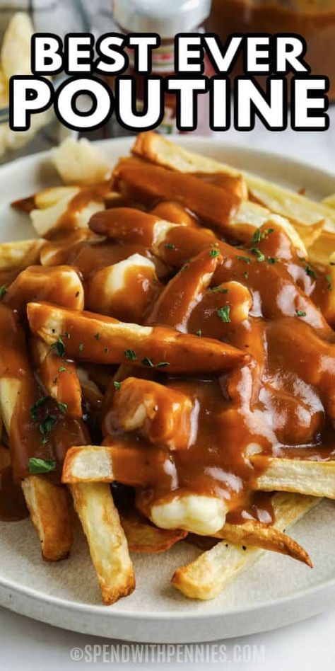 Make this Canadian poutine recipe and add pulled pork to make it into an entree! Homemade gravy and crispy French fries make this delightfully messy dish classic comfort food. #spendwithpennies #poutine #appetizer #sidedish #recipe #best #canadian #easy #gravy #homemade #frenchfries #howto #cheesecurds How To Make Poutine Recipe, Poutine Sauce Recipe, Gravy For Fries, Gravy Fries Recipes, Best Poutine Recipe, Homemade Poutine Gravy, French Fry Ideas, French Fries And Gravy, Easy Poutine Recipe