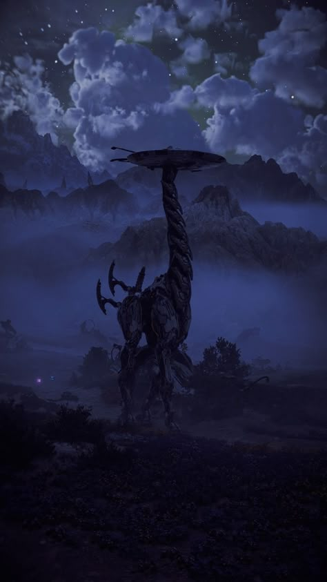 A portrait screenshot of a tallneck, a huge giraffe-like machine from Horizon Forbidden West, walking through a valley at nighttime. Foggy mountains and clouds can be seen in the distance. Forbidden West Horizon, Horizon Forbidden West Wallpaper Iphone, Aloy Wallpaper Iphone, Tallneck Horizon Zero Dawn, Horizon Forbidden West Landscape, Horizon Forbidden West Aesthetic, Horizon Forbidden West Art, Horizon Zero Dawn Landscape, Horizon Forbidden West Machines