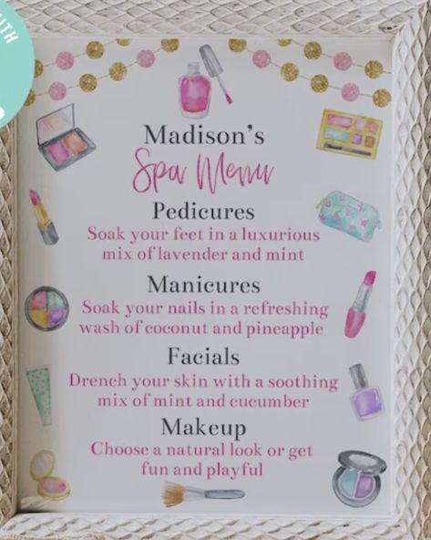 Spa Tea Party, 6th Birthday Spa Party Ideas, 5th Birthday Spa Party, Teen Spa Party 13th Birthday, Diy Spa Party For Women, Diy Kids Spa Party, Spa Party Activities For Kids, Spa Day Party For Kids, Kids Spa Party Food