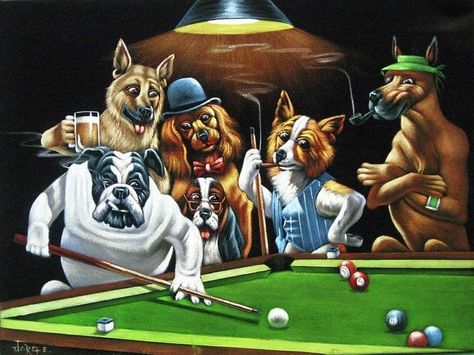 Dogs Playing Pool, Painting Dogs, Oil Painting Videos, Dogs Playing Poker, Playing Pool, Arcade Room, Dogs Playing, Pool Art, Oil Painting Portrait