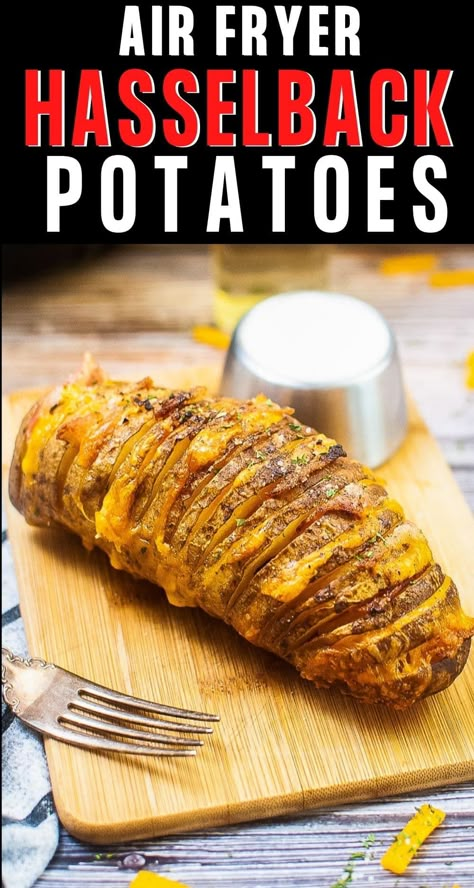 Air Fryer Hasselback Potatoes are crisp outside and tender inside! The potato slices are stuffed with cheese and bacon and have delicious flavor in every bite. Air Fried Hasselback Apples, Airfryer Hasselback Potatoes, Air Fryer Hasselback Potato Recipes, Sliced Baked Potatoes In Air Fryer, Air Fry Hasselback Potatoes, Air Fryer Hassle Back Potatoes, Hassle Back Potatoes Air Fryer, Hassleback Potatoes Airfryer, Longhorn Steakhouse Sliced Baked Potatoes