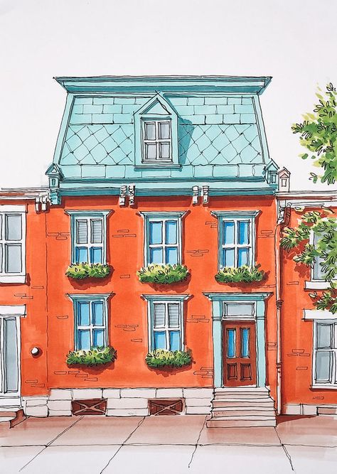 BEGINNER-FRIENDLY TUTORIAL: HOW TO DRAW A COLORFUL HOUSE FRONT WITH MARKERS House Drawing Marker, Urban Sketching Marker, Marker Sketch Architecture, Drawing A House, Markers Drawing Architecture, House Doodle, Colorful House, Urban Sketch, Marker Paper