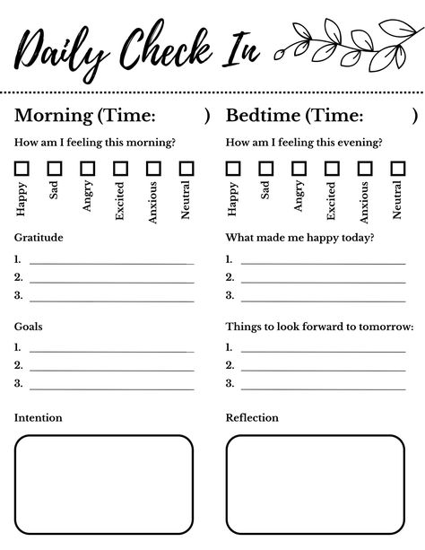 Keep track of your daily moods, goals, and intentions with this beautiful Canva template! Print and use for yourself, your students, your patients, and more! Monthly Check In Journal Prompts, Daily Check In Template, Daily Check In, Daily Mental Check In, Todo List Template, Daily Tracker Bullet Journal, Bullet Journal Self Care Tracker, Behavior Tracker, Emotion Chart