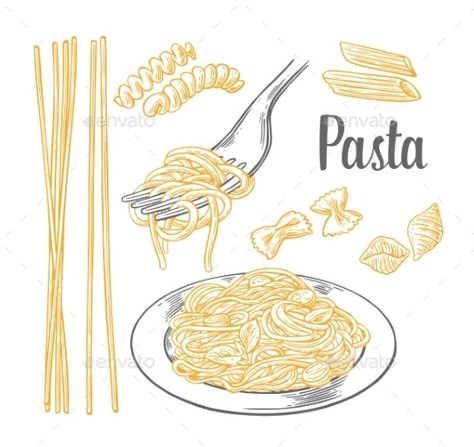 Pasta Drawing, Fork Drawing, Pasta Tattoo, Fusili Pasta, Pasta Illustration, Kids Pasta, Pasta Art, Carbonara Pasta, Food Cartoon