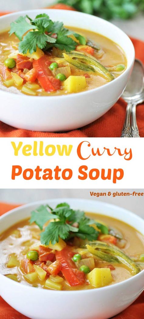 Curry Potato Soup, Potato Soup Vegan, Serrano Peppers, Yellow Curry, Red Bell Peppers, Soup Vegan, Paleo Crockpot, Curry Soup, Vegan Soup Recipes