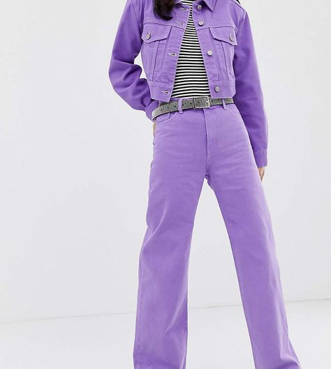 Monki wide leg denim jeans with organic cotton in lilac two-piece Denim Aesthetic, Side Stripe Trousers, Ragged Jeans, Wide Leg Denim Jeans, Purple Jeans, Cropped Flare Jeans, Striped Leggings, Women Denim Jeans, Wide Leg Denim