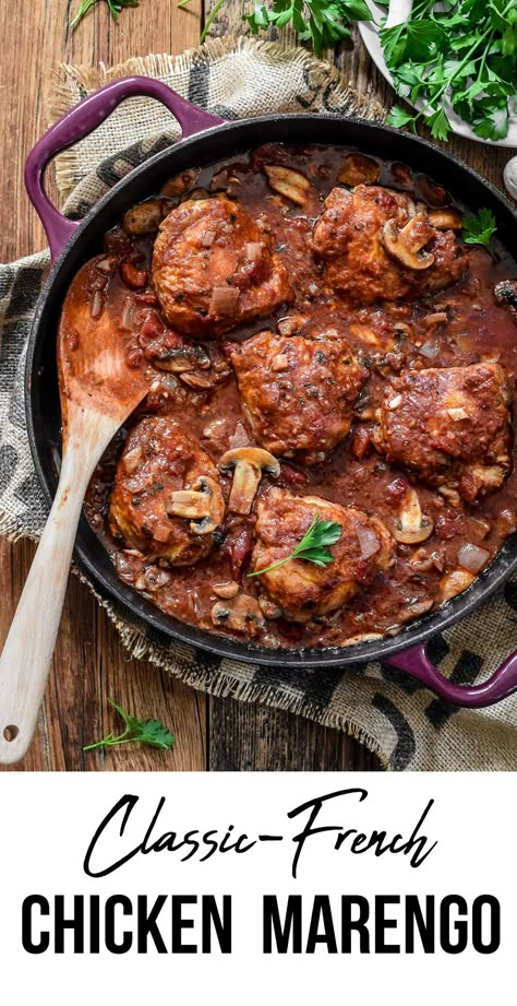 This saucy one-pot dish is a tasty combination of chicken braised in tomatoes with white wine, mushrooms and just a few seasonings – simple, full of flavour & can be enjoyed year-round! Merango Chicken, Chicken Recipes For Buffet, Chicken Marengo Recipes, White Wine Mushrooms, Chicken Normandy, Chicken Francaise Recipe, Chicken Marengo, Wine Mushrooms, Chicken With Tomatoes