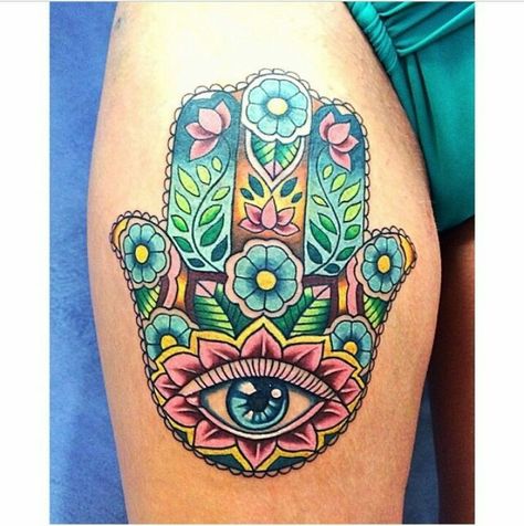 Colorful hamsa tattoo Tattoo Fixers, Eye Tattoo Meaning, Hamsa Tattoo Design, Hamsa Hand Tattoo, Spiritual Tattoo, Evil Eye Tattoo, Hamsa Tattoo, Unalome Tattoo, Religious Tattoo