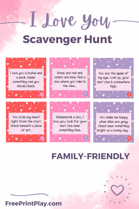 Six I love you family-friendly scavenger hunt cards in red, pink and purple Proposal Scavenger Hunt Clues, Husband Scavenger Hunt, Love Rhymes, Boyfriend Scavenger Hunt, Kid Surprise, Scavenger Hunt Clues, Printable Games For Kids, Free Games For Kids, Free Printable Games