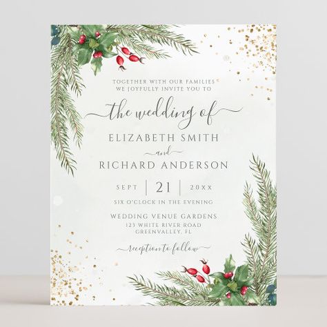 $1.38 | Budget Winter Holiday Greenery Wedding Invitation #winter wedding invitation, budget watercolor greenery invitations, emerald dark green garden, elegant christmas botanical wreath, rustic country holiday gold glitter, modern airy woodland floral leaves, foliage leaf calligraphy script wedding, pine cone spruce holly berry, vintage forest nature themed, neutral affordable wedding invite Christmas Wedding Invitations Diy, Dark Green Garden, Leaf Calligraphy, Elegant Winter Wedding Invitations, Botanical Wreath, Woodland Floral, Greenery Invitation, Vintage Wedding Cards, Vintage Forest