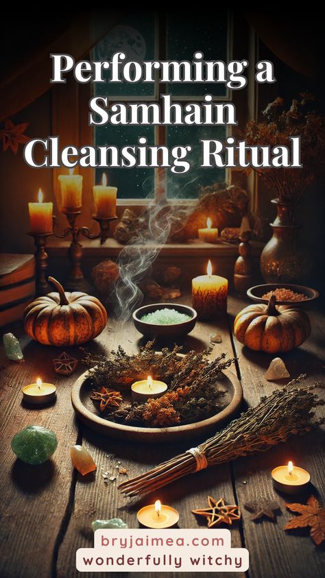 Embrace the power of Samhain with a cleansing ritual designed to clear old energies and set fresh intentions. This comprehensive guide walks you through creating a sacred space, selecting the right tools, and performing the ritual to align with the season's energies. Discover how to release what no longer serves you and welcome transformation, making your Samhain celebration both meaningful and magical. Perfect for anyone looking to start the new cycle with intention and clarity. Samhain Rituals Witchcraft, Samhain Release Ritual, Beginning Of The Month Ritual, Samhain Simmer Pot, Samhain Ritual Witchcraft, Witchy Cleaning, Hygge Witch, Witch's Grimoire, Samhain Ideas