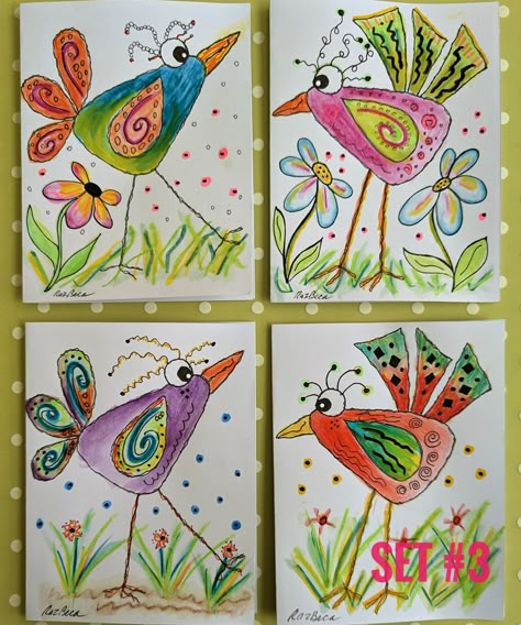 These gorgeous note custom designed and embellished note cards feature watercolor and other media. Each card is unique and hand colored. Available in sets of 4 with white envelopes. 4.25" x 5.5" © 2023 Razbeca's Birds Notecards Wonky Birds, Bird Art For Kids, Spring Art Projects, Happy Painting, Bird Quilt, Ideas For Easter Decorations, Elementary Art Projects, Kindergarten Art, Art Lessons Elementary