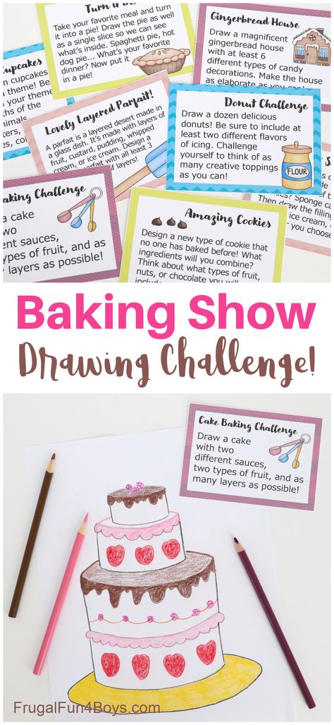 Baking Show Drawing Challenge - Frugal Fun For Boys and Girls Drawing Challenge For Kids, Show Drawing, Kids Cooking Activities, Cooking Games For Kids, Baking Contest, Baking Theme, Types Of Candy, Baking Art, Baking Games