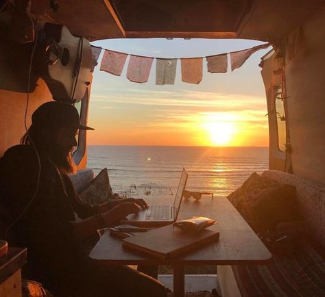 Your office is where you park it, indeed… Digital Nomad Life, Sprinter Camper, Campervan Life, Van Home, Van Living, Van Interior, Camper Life, Camper Vans, Sprinter Van