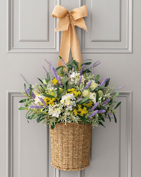 Capture the beauty and romance of spring in Paris within your own home. The enchanting look of this floral market-inspired collection by Courtney for Balsam Hill is bound to win everyone's heart. | 22" French Market Floral Door Basket, Width 13 in, Unlit by Balsam Hill Hanging Basket Decor, Door Baskets, Spring Front Porch Decor, Front Door Baskets, Artificial Hanging Baskets, Spring Front Porch, Door Basket, Springtime In Paris, Spring Basket