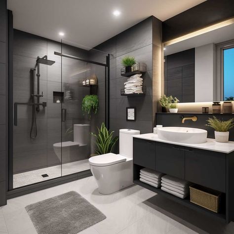 Modern House Design Bathroom, Masters Bathroom Modern, House Interior Black And White, Grey Bathroom Aesthetic, Modern Small House Design Interiors, Toilet And Bathroom Design Modern, House Design Black And White, Small House Design Interior Ideas, Small Interior House Design