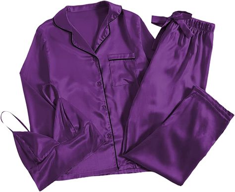 LYANER Women's 3Pcs Pajamas Satin Cami Top and Long Sleeve Shirt with Pants Sleepwear Sets Baby Pink Medium at Amazon Women’s Clothing store Purple Loungewear, Cheap Purple Sleepwear, Fitted Purple Sleepwear For Pajama Party, Purple Pajama Set, Purple Sleepwear, Purple Pjs, Dark Purple Silk Pajamas, Purple Satin Pajamas, Purple Pajamas