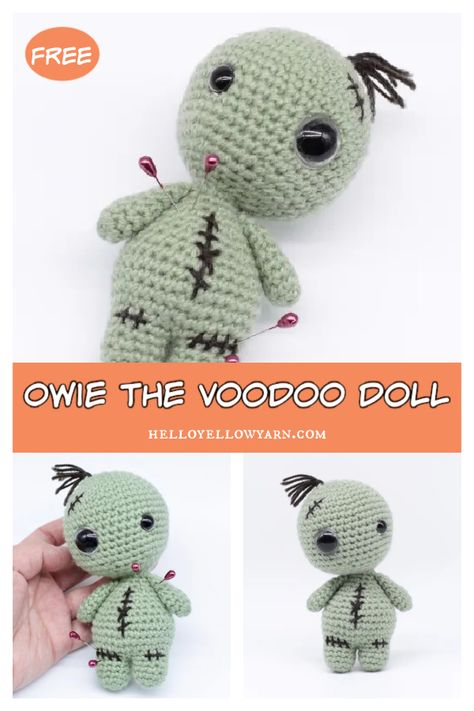 Owie the Voodoo Doll Amigurumi Free Crochet Pattern Crochet Voodoo Doll Pattern Free, Crochet Voodoo Doll, Crochet Novelty, Crochet Voodoo, Voodoo Doll Keychain, Crochet Pincushion, Crochet Stuffies, Yarn Ideas, Doll Patterns Free