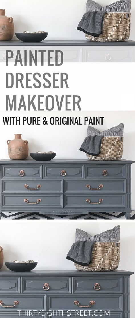 How To Paint Wood Furniture! Painting Furniture With Chalk Paint Gives Your Furniture A Refresh! Grey and Copper Painted Dresser Makeover is GORGEOUS! LOTS of Furniture Makeovers and Painted Furniture Tutorials. #paintedfurniture #paintingfurniture #chalkpaint #chalkpaintfurniture Paint Wood Furniture, Refurbished Dresser, Pure And Original, Painting Wood Furniture, Furniture Painting Techniques, Paint Wood, Painting Wood, Diy Dresser, Painted Dresser