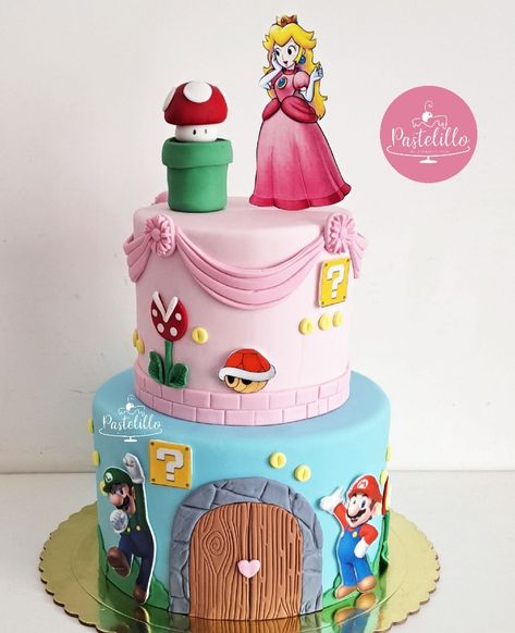 Super Mario And Peach Cake, Super Mario Peach Cake, Super Mario Bros Party Ideas Girl, Peaches Cake Mario, Princess Peaches Cake, Mario And Princess Peach Cake, Princess Peach Cake Birthdays, Pastel Princesa Peach, Princess Peach Cake