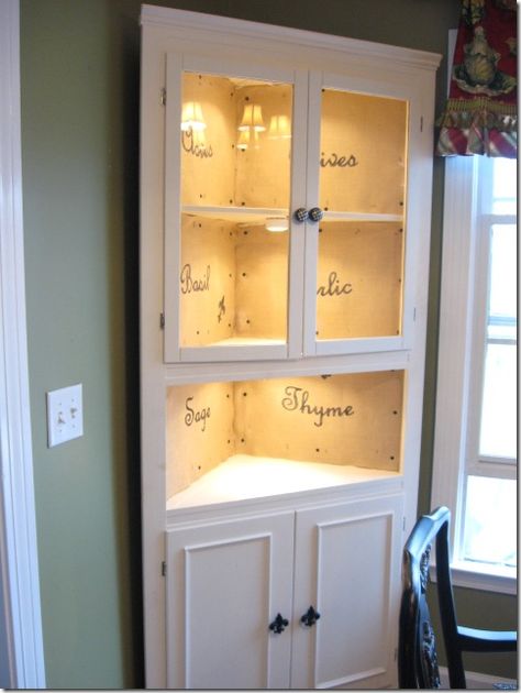 Corner Cabinet Wood, Corner Cabinet Redo Ideas, Tall Corner Cabinet Ideas, Corner Cabinet Decorating Ideas, Repurposed Corner Cabinet, Corner China Cabinet Makeover, Corner Cabinet Decor, Built Ins In Dining Room, Corner Hutch Makeover