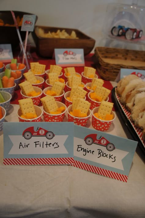 healthy snacks that are car race related - Google Search Race Track Theme Party Food, Race Car Birthday Party Snacks, Vbs Race Car Theme, Car Theme Snacks, Race Car Snack Ideas, Pinewood Derby Snack Ideas, Racecar Birthday Food Ideas, Race Themed Snacks, Car Party Snacks