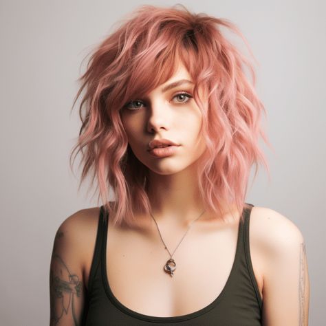 Shaggy Pink Hair, Work Appropriate Pink Hair, Colorful Shag Hair, Edgy Hair Color Ideas Blondes, Pink Shoulder Length Hair, Ombre Hair Color Pink, Shoulder Length Pink Hair, Pink Shag Hair, Rose Colored Hair