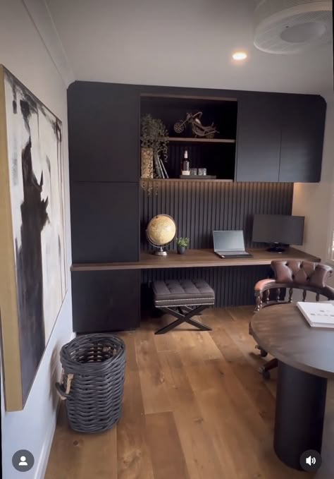 Man Cave And Office Combo, Small Office Interior Design Simple, Manly Office Ideas, Ikea Study Room Ideas, Basement Music Studio, Dark Grey Office, Home Office Dark, Ikea Home Office, Home Office Furniture Design