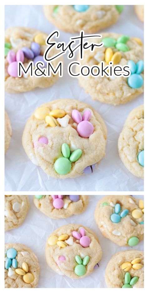 You won't find a more festive cookie for spring than these Easter M&M cookies complete with M&M bunnies and white chocolate chips! Easter Sugar Cookies M&m, Easter Cookies With M&ms, Easter Treats With M&ms, Easter Mnm Cookies, Easter Sugar Cookies With M&ms, Pastel M&m Cookies, Easter M And M Cookie Bars, Easter M M Chocolate Chip Cookies Recipe, M&m Cookies Easter