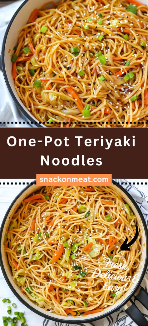 One-Pot Teriyaki Noodles - Snack On Meat Noodle Sauce Recipe, Weekly Dinner Recipes, Dinner For Busy Nights, Vegan Noodles Recipes, Teriyaki Noodles, Vegetarian Noodles, Noodles Asian, One Pot Vegetarian, Chicken And Cabbage