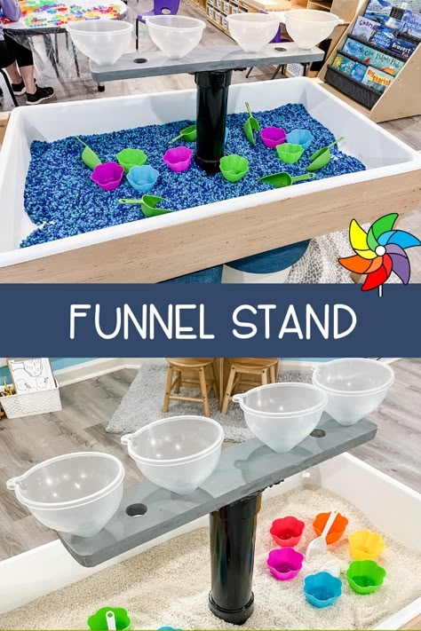 Water Table Provocations, Sand Table Ideas For Kindergarten, Funnel Stand For Sensory Table, Funnel Sensory Bin, Sensory Table Building Plans, Sensory Bin Table Diy, Preschool Sand Table Ideas, Preschool Glue Table, Water Sensory Table Ideas