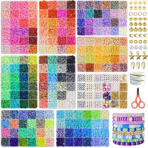 PRICES MAY VARY. EXCELLENT BRACELET MAKING KIT: Provide all you need: about 26800pcs flat polymer clay beads in 192 colors and 3200 pcs charms kit(including 160 pcs each of black, gold, and colored letter beads,evil eyes beads,fruit beads, gold spacer beads,lobster clasp, etc.), 2 rolls of 10 meters stretchy strings,1 scissors, 1 plastic tweezers, 5 pairs of earrings, beads for jewelry making can meet your various DIY needs. PREMIUM QUALITY-SAFE TO USE:The diameter of clay beads is 6mm with a 2m Friendship Bracelet Kit, String Friendship Bracelets, Bracelet Making Kit, Bracelet Kit, Jewelry Making Kits, Clay Bracelet, Friendship Jewelry, Diy Charm Bracelet, Bracelet Kits