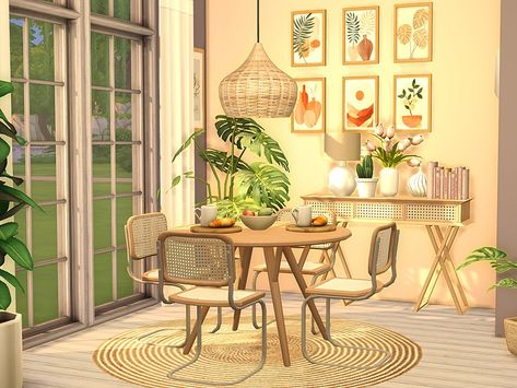 here is a sunny dining room for your Sims Found in TSR Category 'Sims 4 Diningrooms' Tiny House Living Room, Bohemian Dining Room, Boho Dining Room, Apartment Dining Room, Sims 4 Bedroom, House Dining Room, Bohemian Furniture, Boho Furniture, Sims House Design