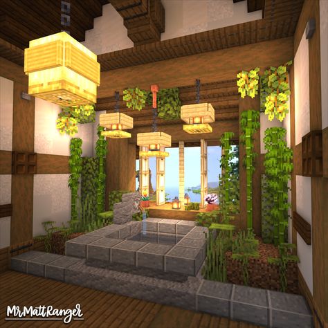 Mincraft Idea House Interior, Minecraft Foyer Ideas, Indoor Pond Minecraft, Minecraft Sunroom Ideas, Minecraft Interior Ideas Living Rooms, Japanese Bathhouse Minecraft, Minecraft Nursery Build, Minecraft Attic Ideas, Minecraft Sunroom