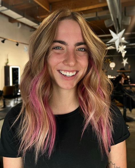 Girl smiling with blonde hair and pink pops throughout, Montana hairstylist Hot Pink Peekaboo Highlights, Pink Underneath Hair, Pink Peekaboo Highlights, Pink Peekaboo Hair, Pink Peekaboo, Brown And Pink Hair, Olivia Core, Hair Color Placement, Pink Balayage