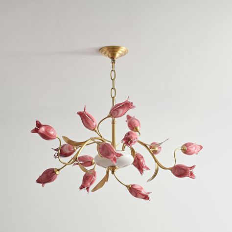 Eclectic Chandelier, Pink And Gold Room Decor, Art Nouveau Kitchen, Tulip Chandelier, Vintage Floral Chandelier, Modern Brass Chandelier, Kitchen Hanging Lamps, Pink Glass Chandelier, Pink Lotus Lamp