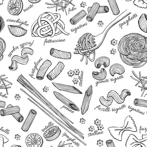 Black And White Food, Vintage Line Art, Pasta Art, Food Doodles, Line Art Illustration, White Food, Sleeves Ideas, Art And Illustration, Vector Hand