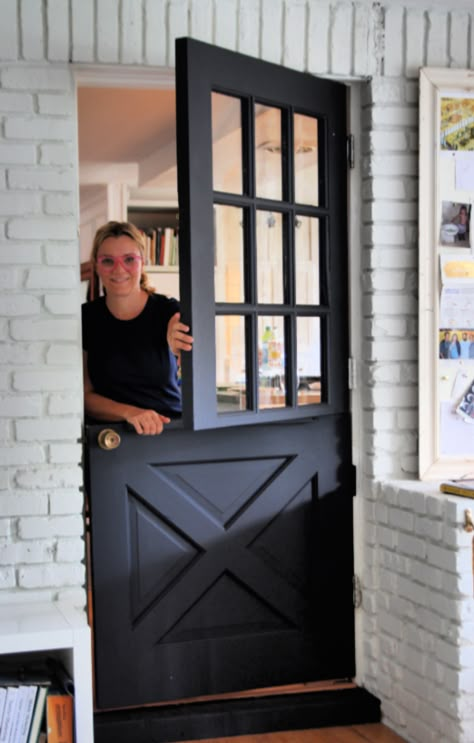 dutch door black Farmhouse Doors Farmhouse Kids Rooms Dutch Door To Garage, Steel Dutch Door, How To Make A Dutch Door Diy, Dutch Door With Sidelights, Mudroom Doors Exterior, Laundry Room Dutch Door, Making A Dutch Door, 1/2 Door, Black Dutch Door