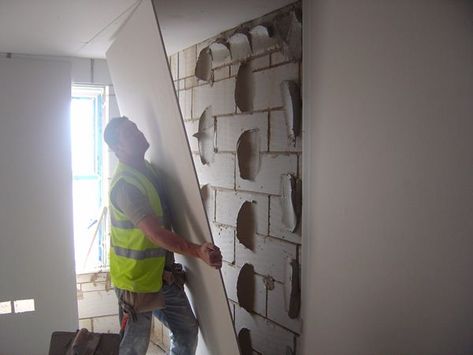 How To Plaster Board A Wall Using The Dot & Dab System, Drylining Plastering Walls, Block Wall Ideas, Plaster Board, Concrete Block Walls, Cinder Block Walls, Basement Remodel Diy, Basement Inspiration, Wall Taps, Concrete Block